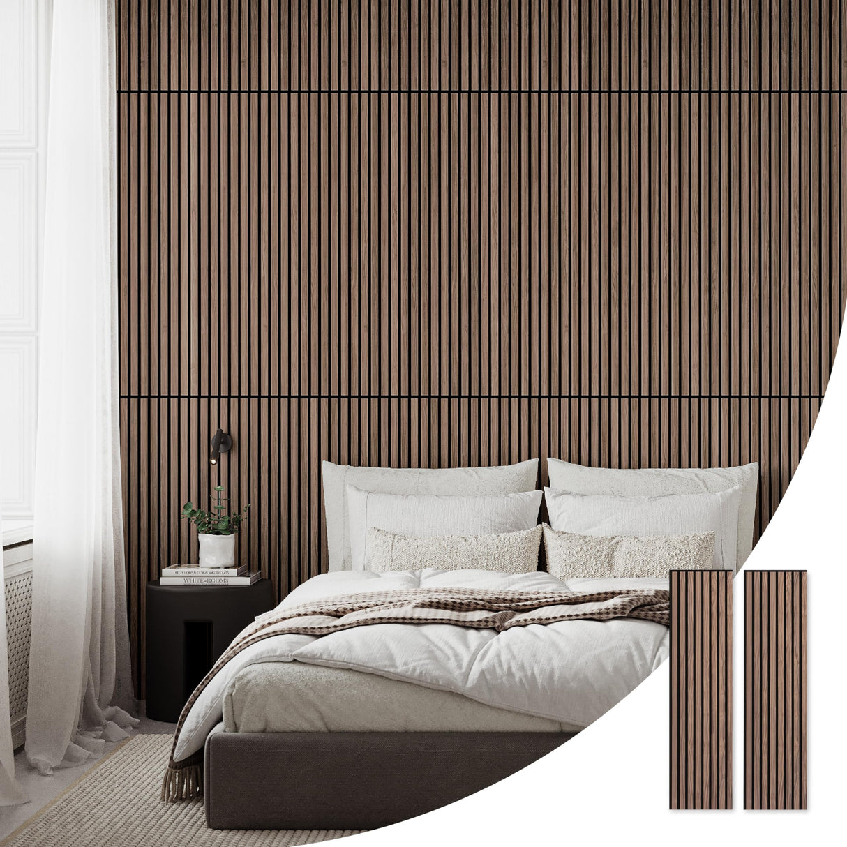 SLATPANEL Two Acoustic Wood Wall Veneer Slat Panels - Walnut | 47.24” x 12.6” Each | Soundproof Paneling | Wall Panels for Interior Wall Decor | Slatpanel