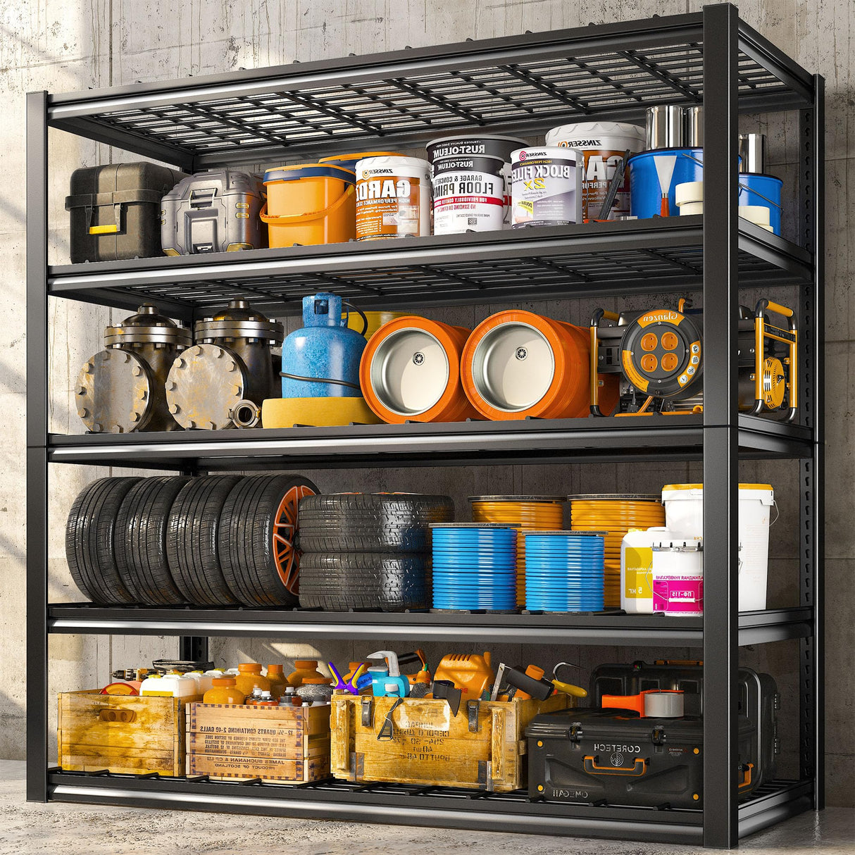 REIBII 48.2''W Garage Shelving 3000LBS Heavy Duty Storage Shelves 72''H Adjustable 5 Tier Metal Shelving for Garage Storage Rack Industrial Shelves REIBII