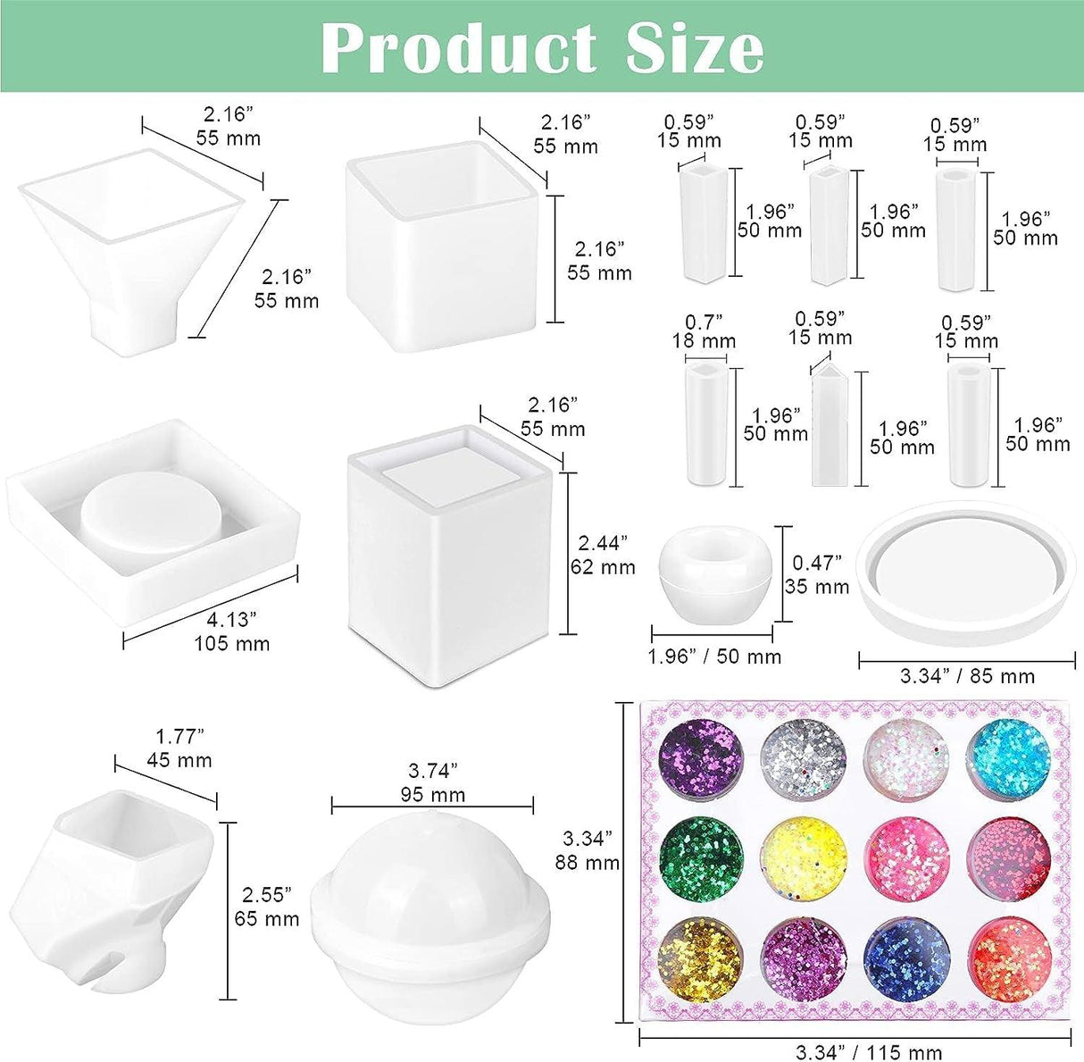 Silicone Resin Molds Kit 26PCS, Epoxy Molds, Large Casting with 12 Glitter Sequins for UV Casting, Including Sphere, Cube, Pyramid, Square, Coaster, WoodArtSupply