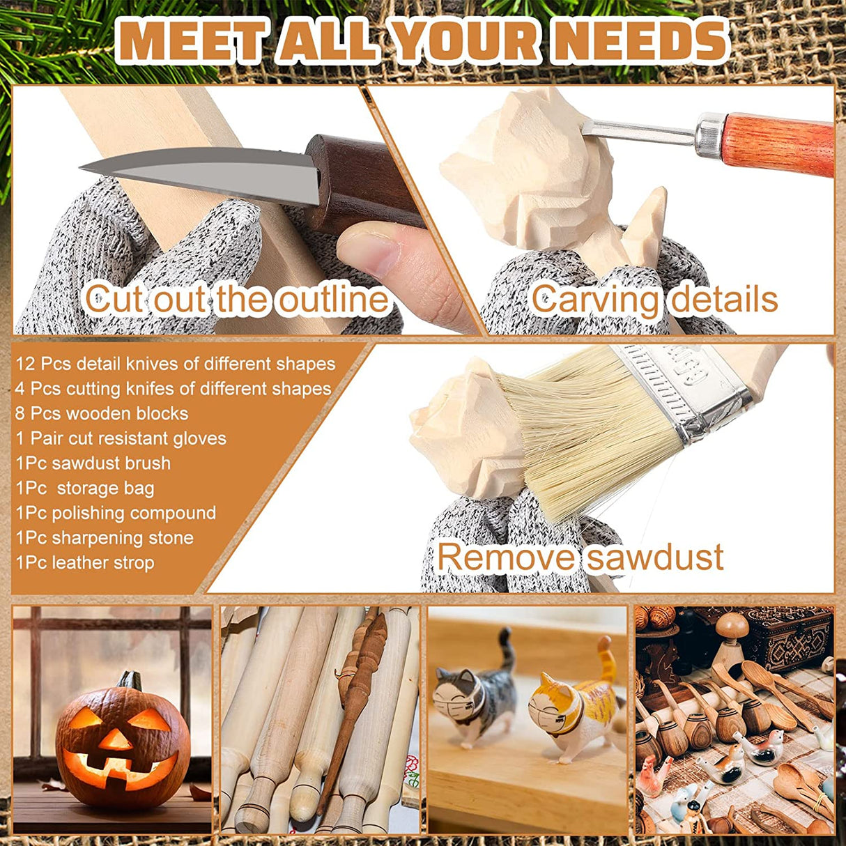 30 Pcs Wood Carving Tools Wood Whittling Kit Include Hand Carving Knife Set Wood Blocks Cut Resistant Gloves Sawdust Brush Sharpening Stone Polishing WoodArtSupply