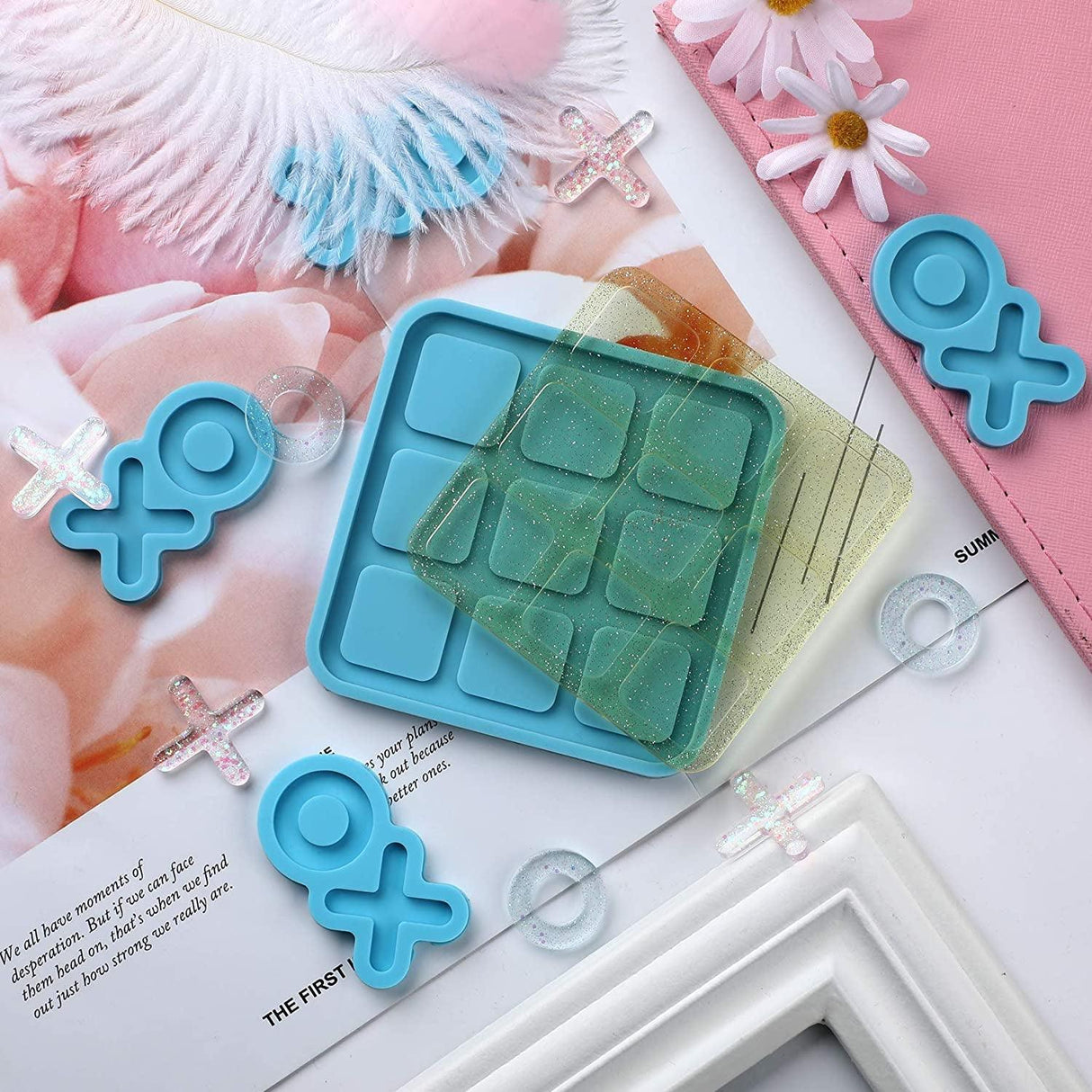 Tic Tac Toe Resin Mold with 5 Chess Pieces Molds, X O Board Game Silicone Molds for Resin Casting,Diy Tabletop Board Game WoodArtSupply
