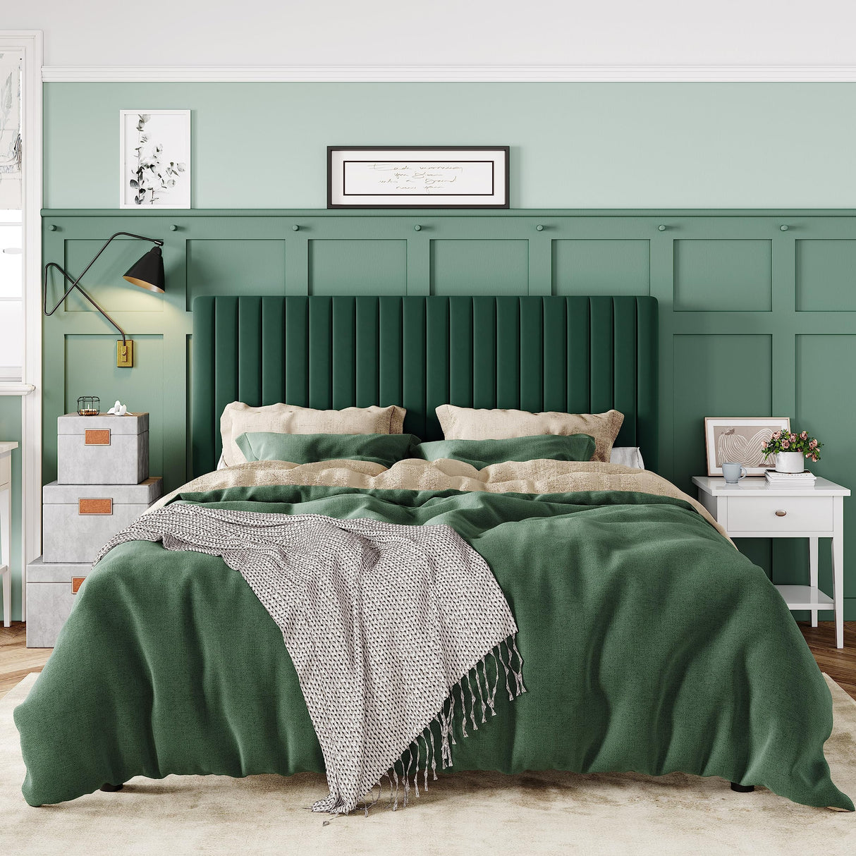Elegant Green Velvet Queen Bed Frame with Adjustable Tufted Headboard by Allewie Allewie