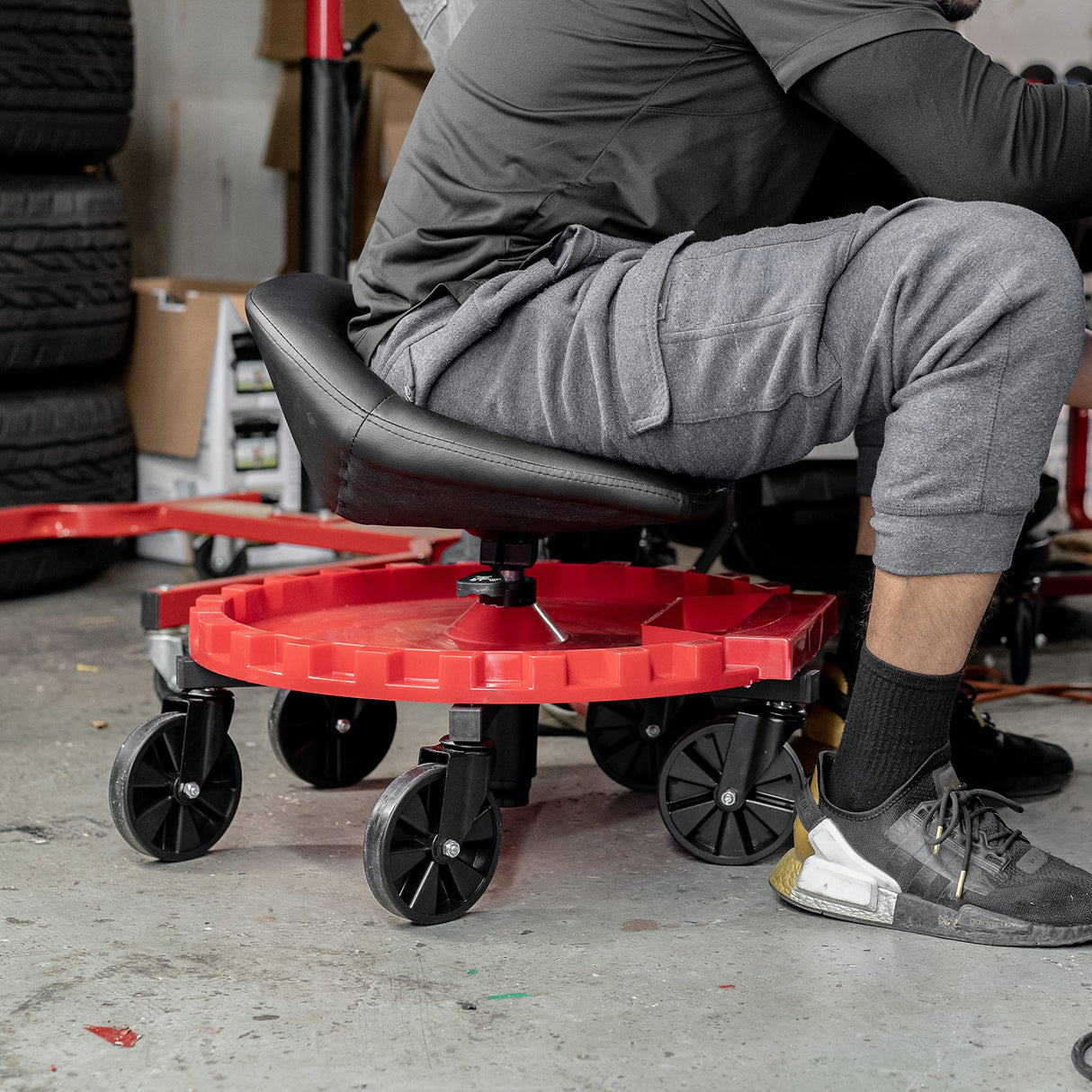 Traxion 2-230 Monster Rolling Padded Mechanic Stool Seat Garage Shop Roller Work Chair with Wheels and Tool Tray, Heavy-Duty 400-lb Capacity, Traxion