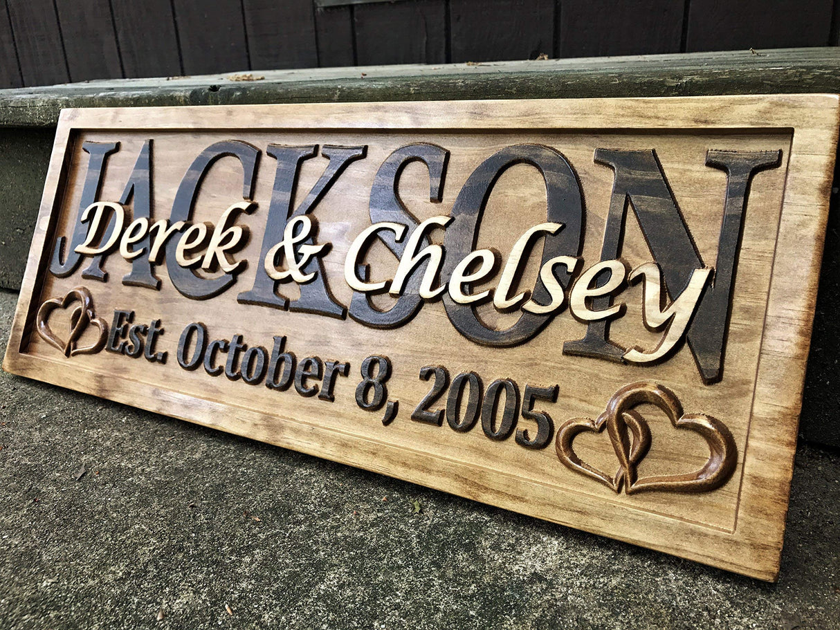 Personalized Wedding Gift Last Name Established Sign Family Name Signs Custom Wood Sign Carved Wood Decor 3D Hearts Couples Sign 5 Year Anniversary 3D Woodworker