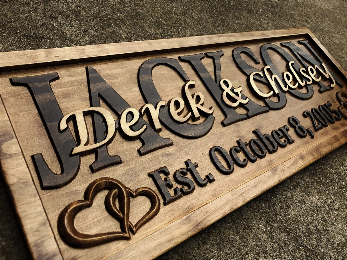 Personalized Wedding Gift Last Name Established Sign Family Name Signs Custom Wood Sign Carved Wood Decor 3D Hearts Couples Sign 5 Year Anniversary 3D Woodworker
