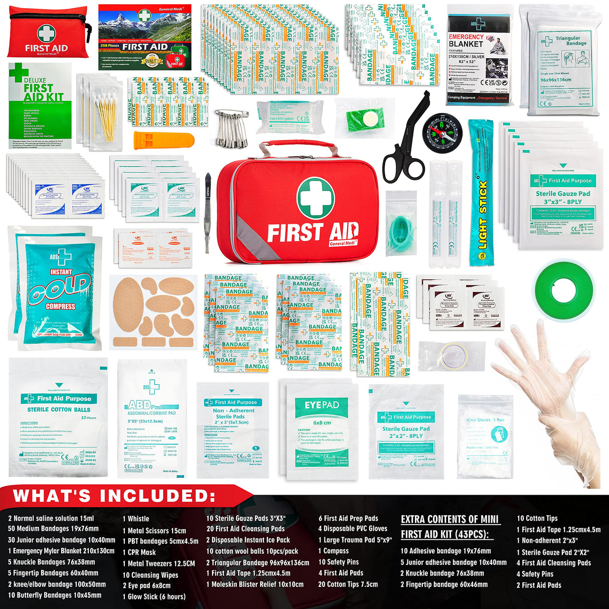General Medi 2-in-1 First Aid Kit (215 Piece Set) + 43 Piece Mini First Aid Kit -Includes Eyewash, Ice(Cold) Pack, Moleskin Pad and Emergency Blanket General Medi