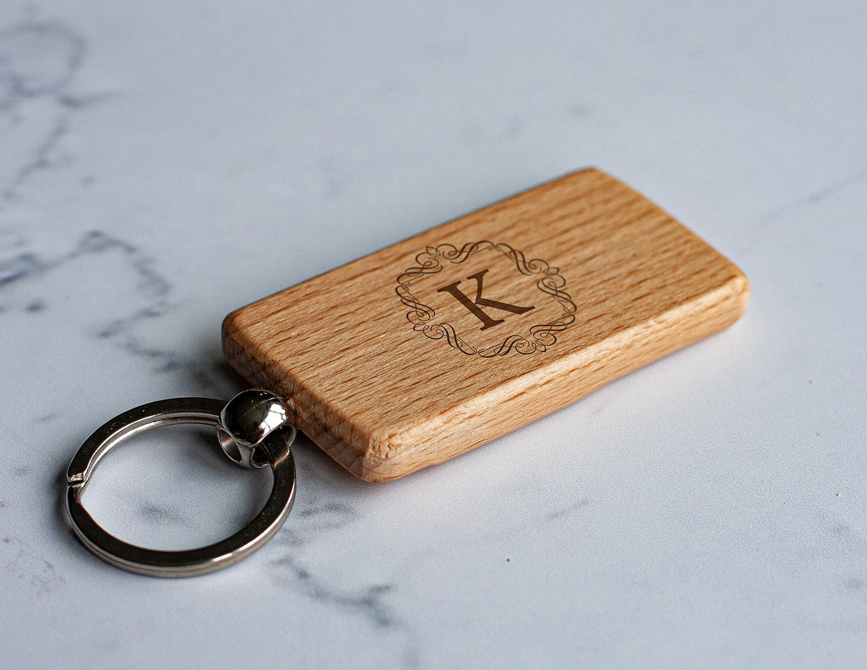 Custom Engraved Monogram Wooden Keychain Personalized with Monogram and Name 2.5x1 Inch Etched Wood Key Chain R and R Imports