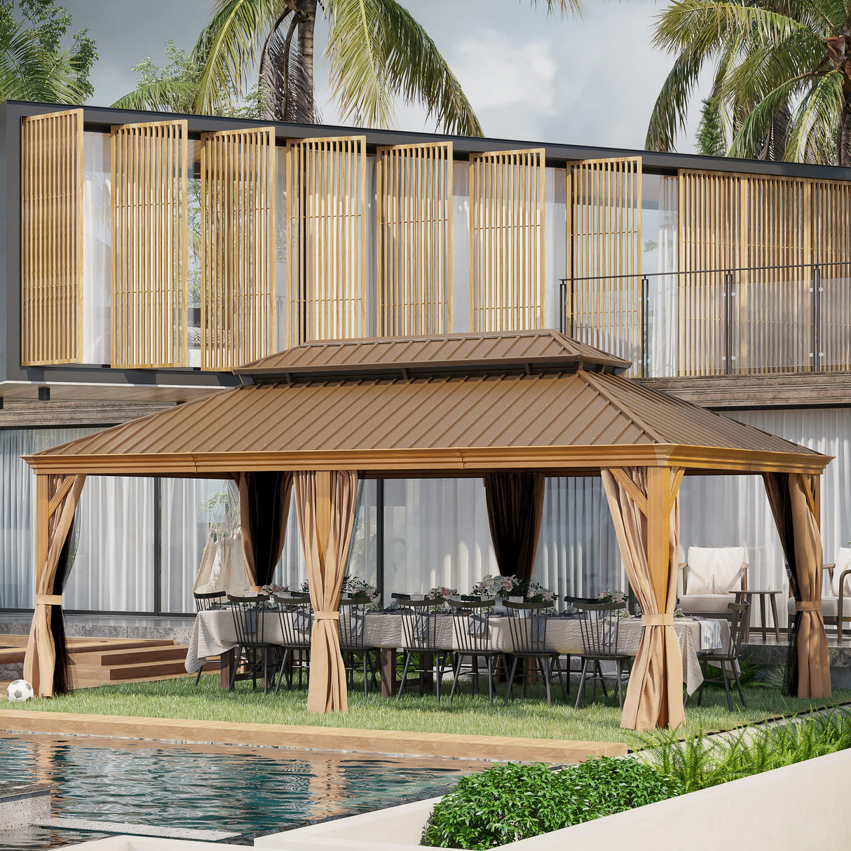 GAZEBEST 12'x20' Hardtop Gazebo Outdoor Aluminum Patio Gazebo Double Roof Galvanized Steel Gazebo Canopy Wooden Finish Coated with Netting and GAZEBEST