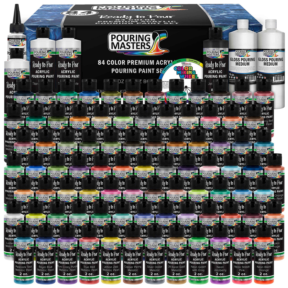 U.S. Art Supply Pouring Masters 84-Color Ready to Pour Acrylic Pouring Paint Set with Silicone Oil & Gloss Medium - Premium Pre-Mixed High Flow U.S. Art Supply
