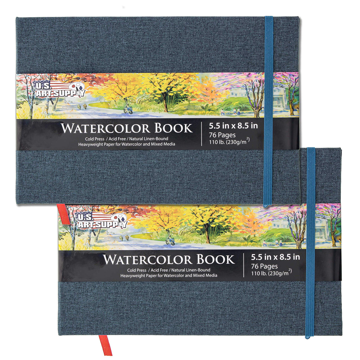 U.S. Art Supply 5.5" x 8.5" Watercolor Book, 2 Pack, 76 Sheets, 110 lb (230 GSM) - Linen-Bound Hardcover Artists Paper Pads - Acid-Free, U.S. Art Supply