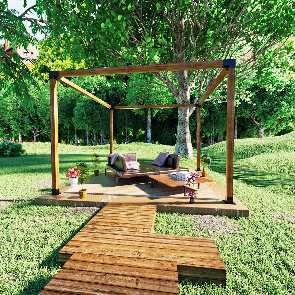 Deck Man 4x4(Actual Size: 3.5x3.5inch) Stainless Steel 3-Way Right Corner pergola Bracket with 4 Flange Anchors,Pergola/Gazebo kit (4 Pack) Deck Man