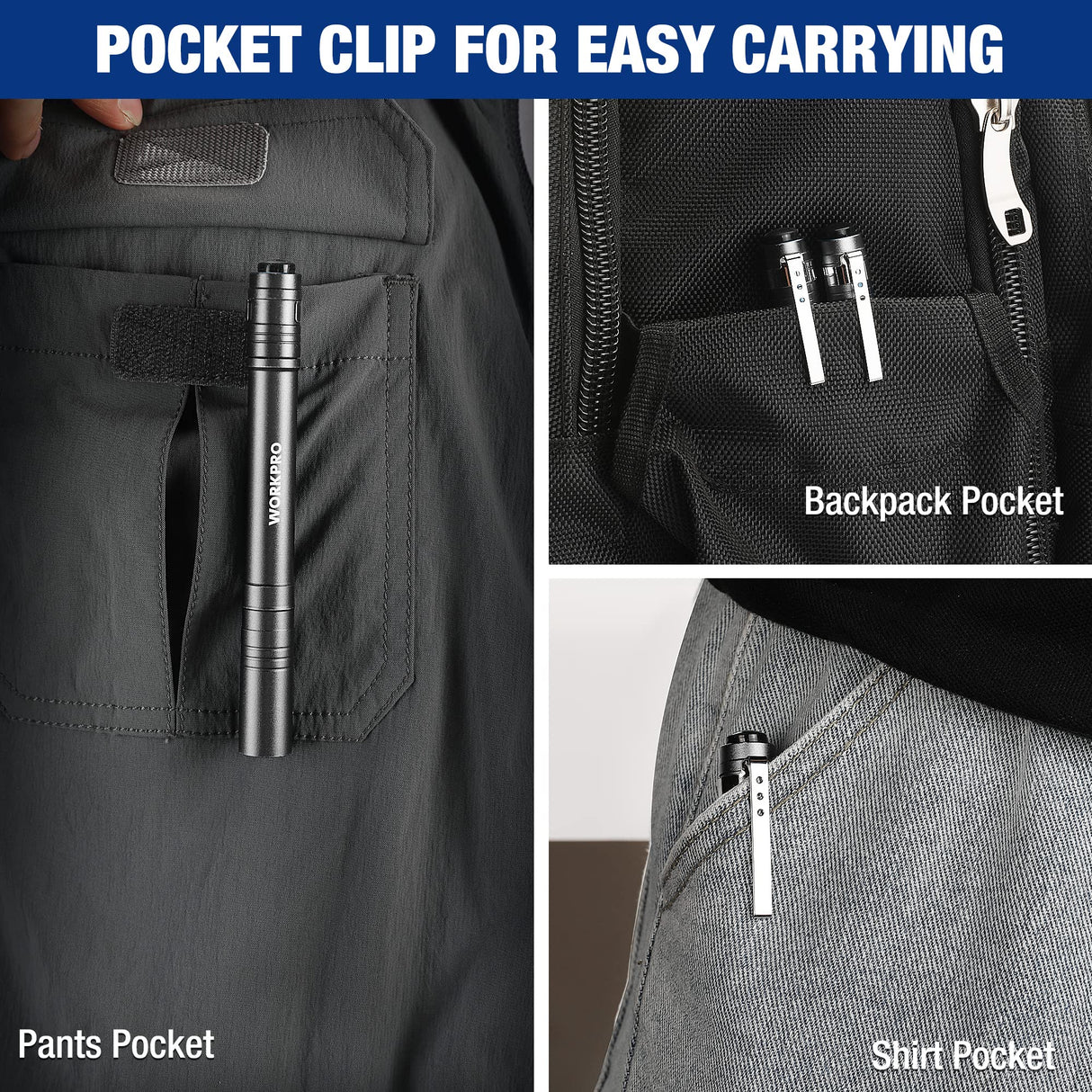 WORKPRO LED Pen Light, Aluminum Pen Flashlights, Pocket Flashlight with Clip for Inspection, Emergency, Everyday, 8AAA Batteries Include, WORKPRO