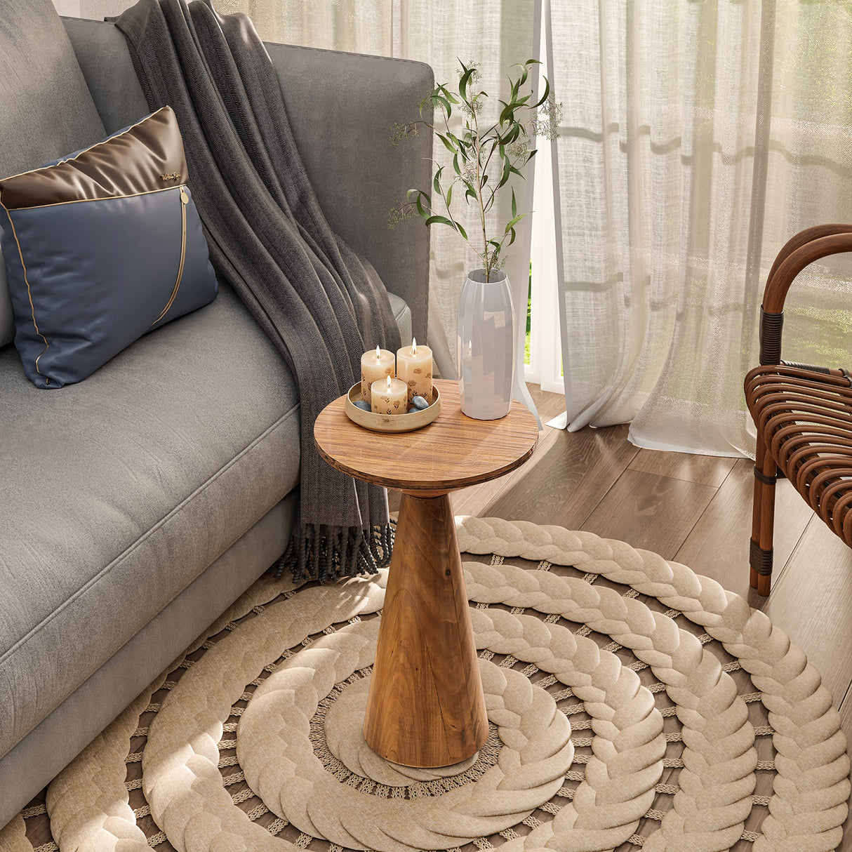 COZAYH Small Pedestal End Table Round Farmhouse Martini Table Wood Plant Stand Rustic Drink Table for Small Space Living Room, Walnut COZAYH