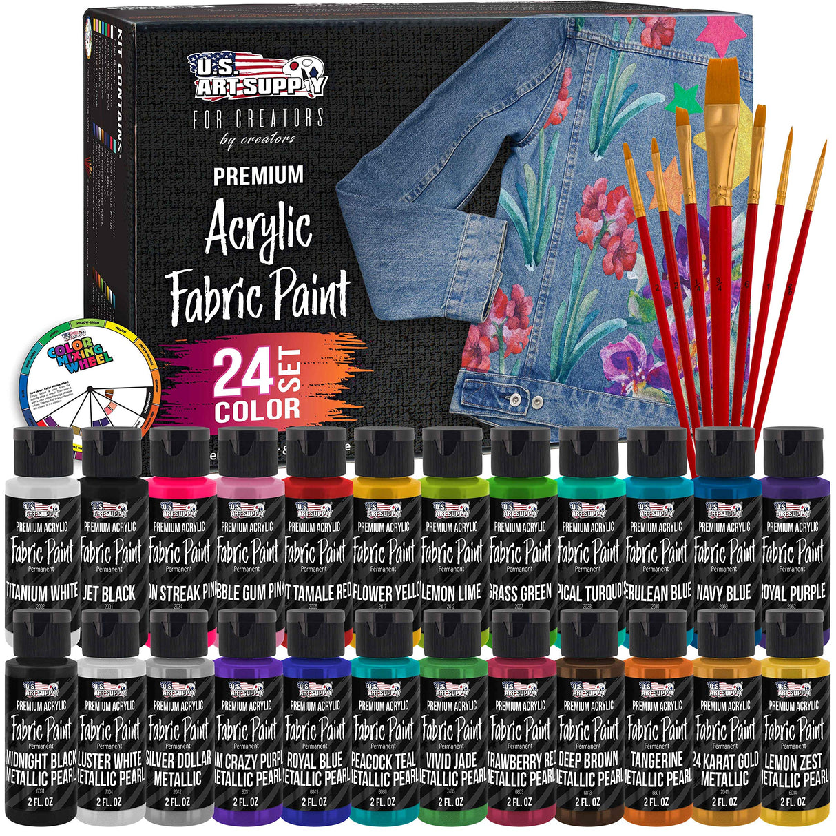 U.S. Art Supply 24 Color Set of Permanent Acrylic Fabric Paint in 2 Ounce Bottles, Plus a 7-Piece Brush Kit - Artists Textile Paint for Clothes, U.S. Art Supply