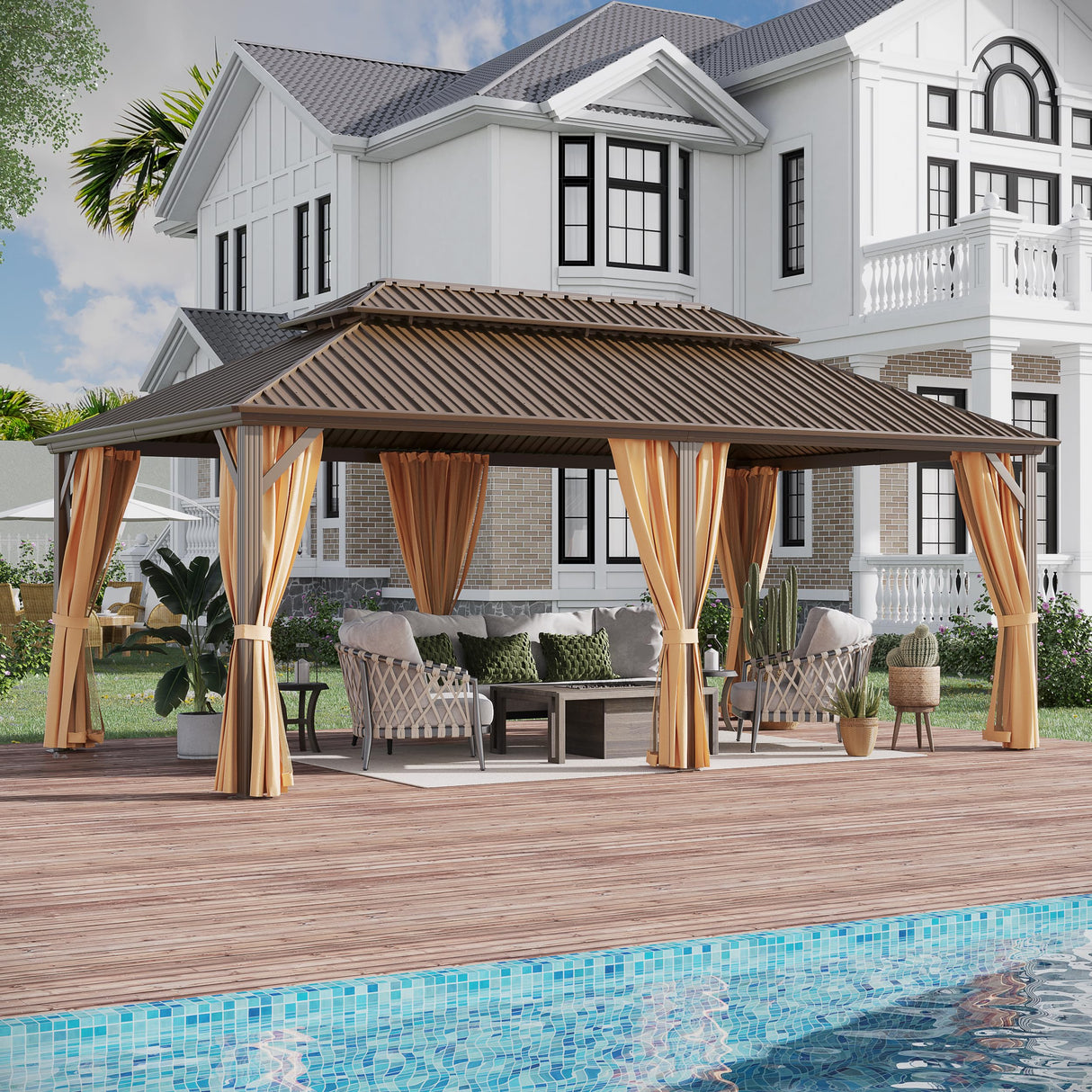 GAZEBEST 12x20 ft Hardtop Gazebo Outdoor Aluminum Patio Gazebo Double Roof Galvanized Steel Gazebo Canopy with Netting and Curtains,for Garden GAZEBEST