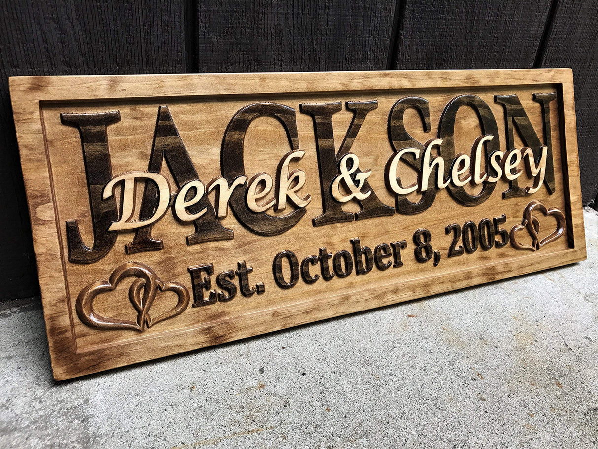 Personalized Wedding Gift Last Name Established Sign Family Name Signs Custom Wood Sign Carved Wood Decor 3D Hearts Couples Sign 5 Year Anniversary 3D Woodworker