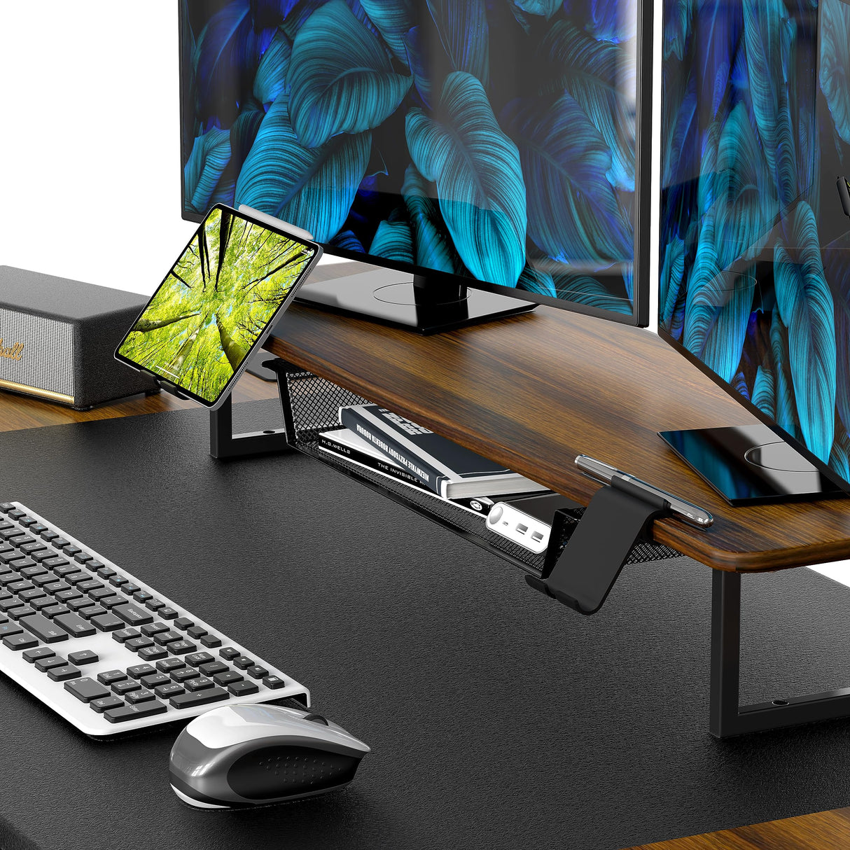 SHW 62-Inch Extra Large Electric Height Adjustable Standing Desk with Monitor Riser and Drawer, 62 x 28 Inches, Walnut SHW