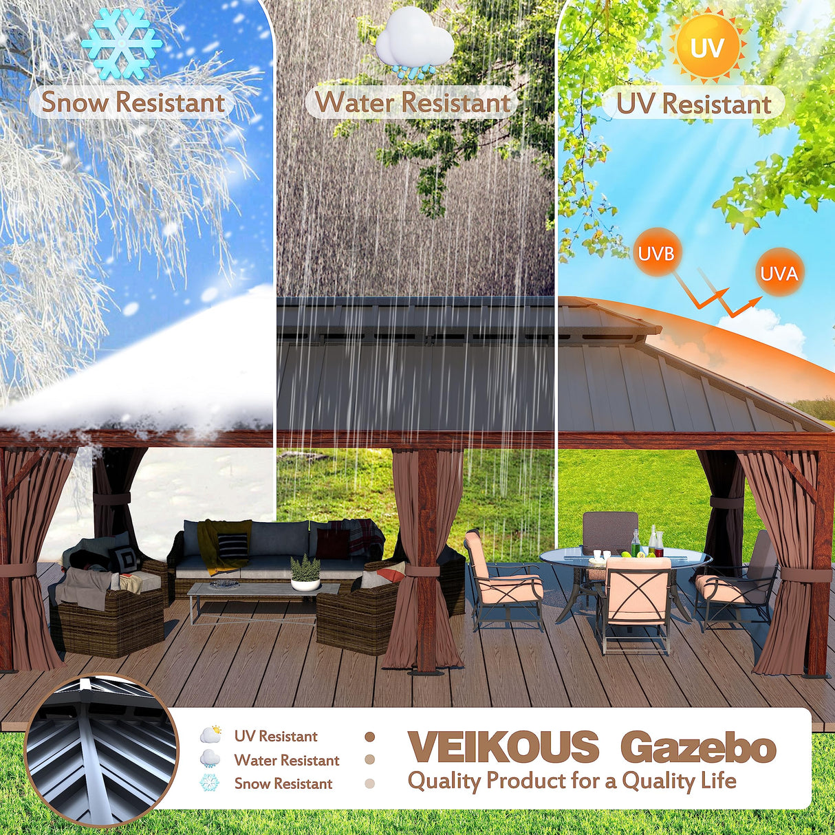 VEIKOU 12 x 20FT Hardtop Gazebo, Wood Grain Aluminum Frame Gazebo w/Double Roof Galvanized Steel, Patio Gazebo Permanent Outdoor Pergolas and Gazebos VEIKOU