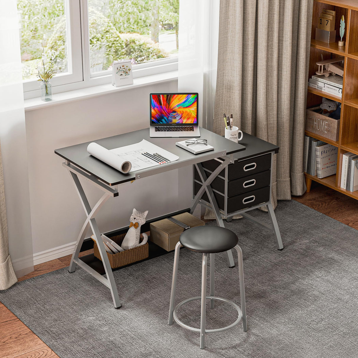 ZENY Drafting Table and Stool Set Tabletop Tilted Drawing Table Drafting Desk w/Drawers Artists Workstation, Art Craft Supplies ZENY