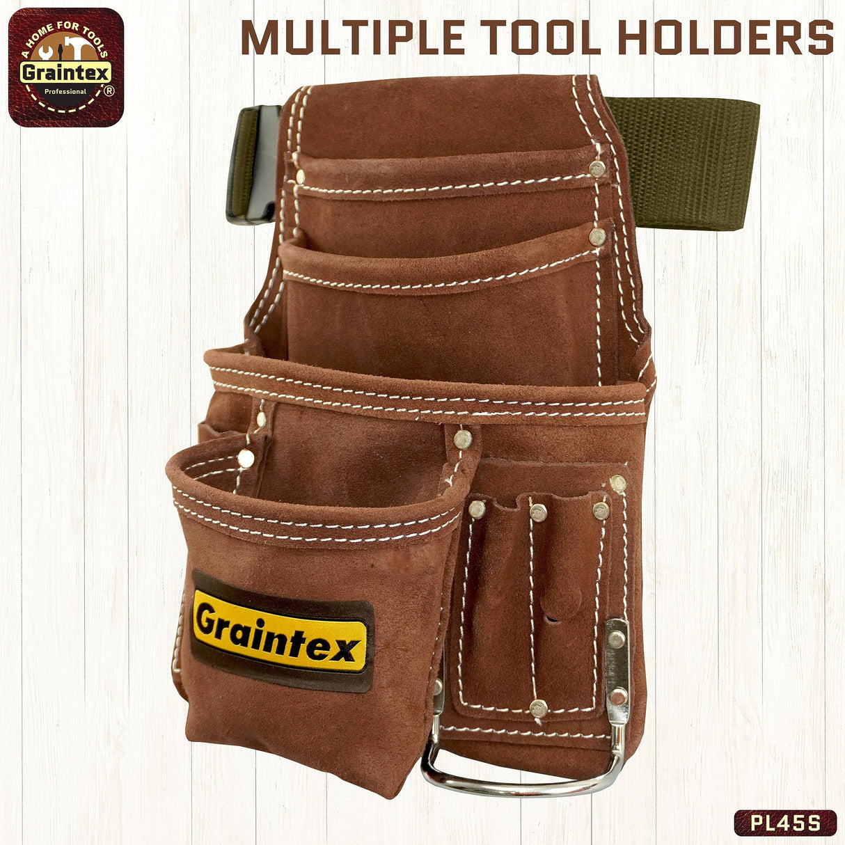Graintex PL45S 10 Pocket Nail and Tool Pouch Suede Leather with 2" Webbing Belt Graintex