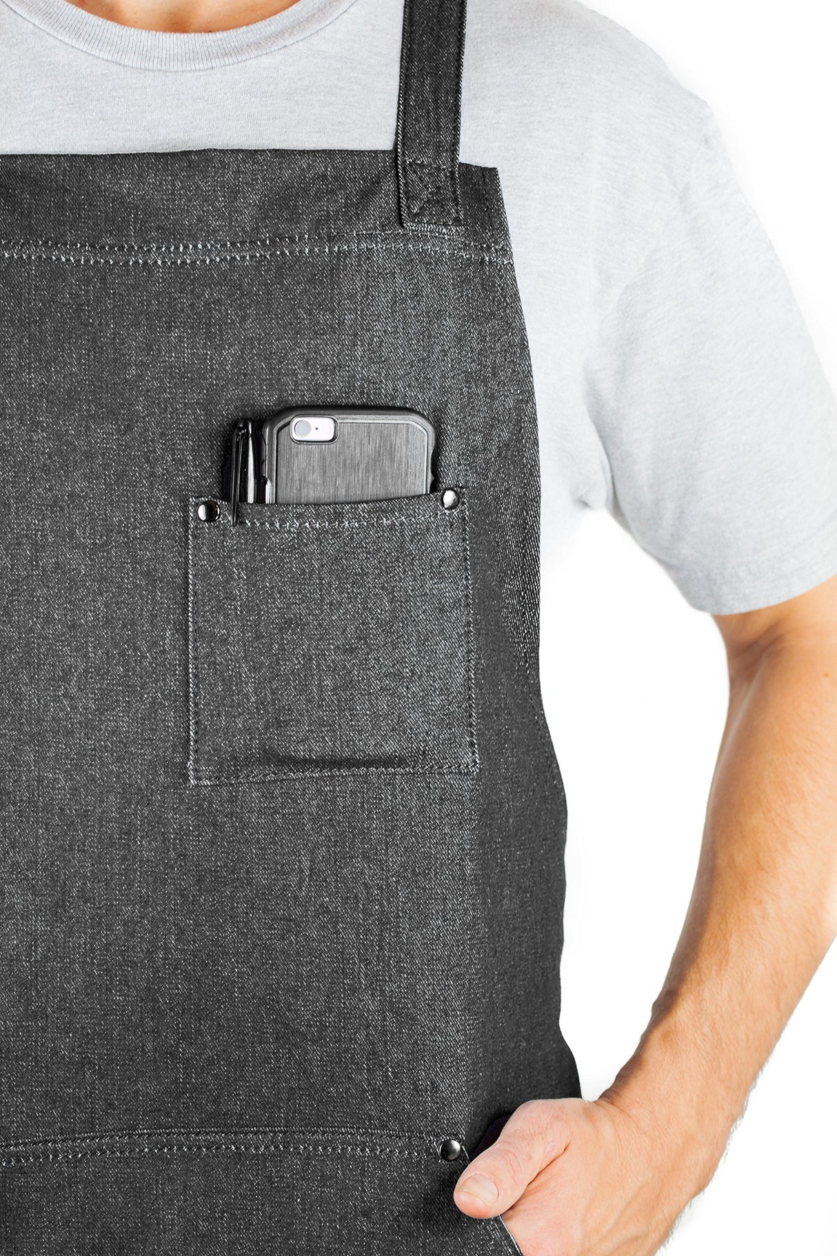 Hudson Durable Goods Adjustable Crossback Denim Apron with Pockets – 34 x 27 In. Chefs Apron with 4 Pockets and Loop Fits Most – Black Denim Apron Hudson Durable Goods