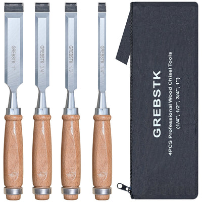 GREBSTK Professional Wood Chisel Set with Oxford Bag for Woodworking, CR-V Steel Chisel, Comfortable Beech Handle Wood Chisel, 4 Piece
