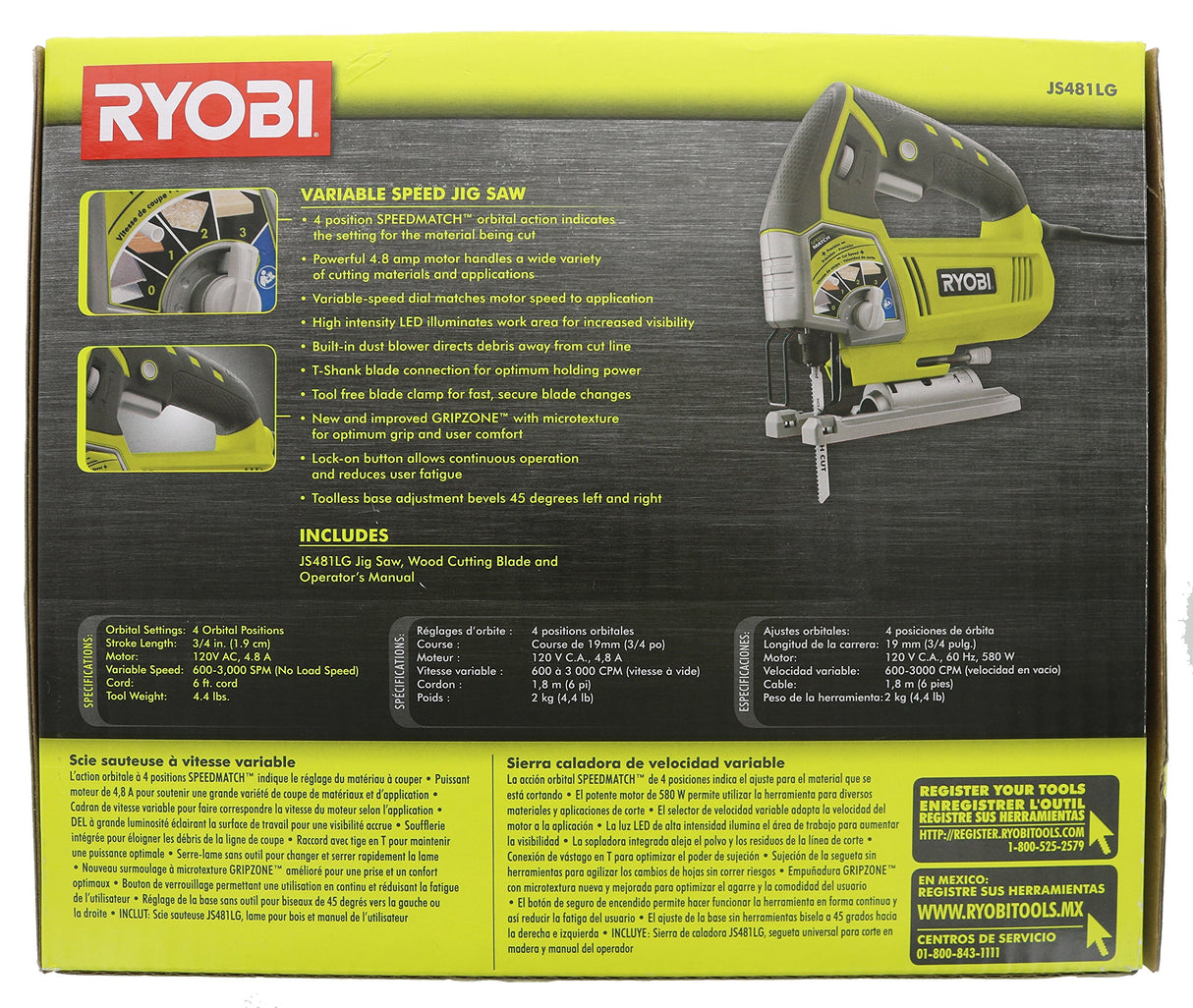 Ryobi JS481LG 4.8 Amp Corded Variable Speed T-Shank Orbital Jig Saw w/ Onboard LED Lighting System Ryobi