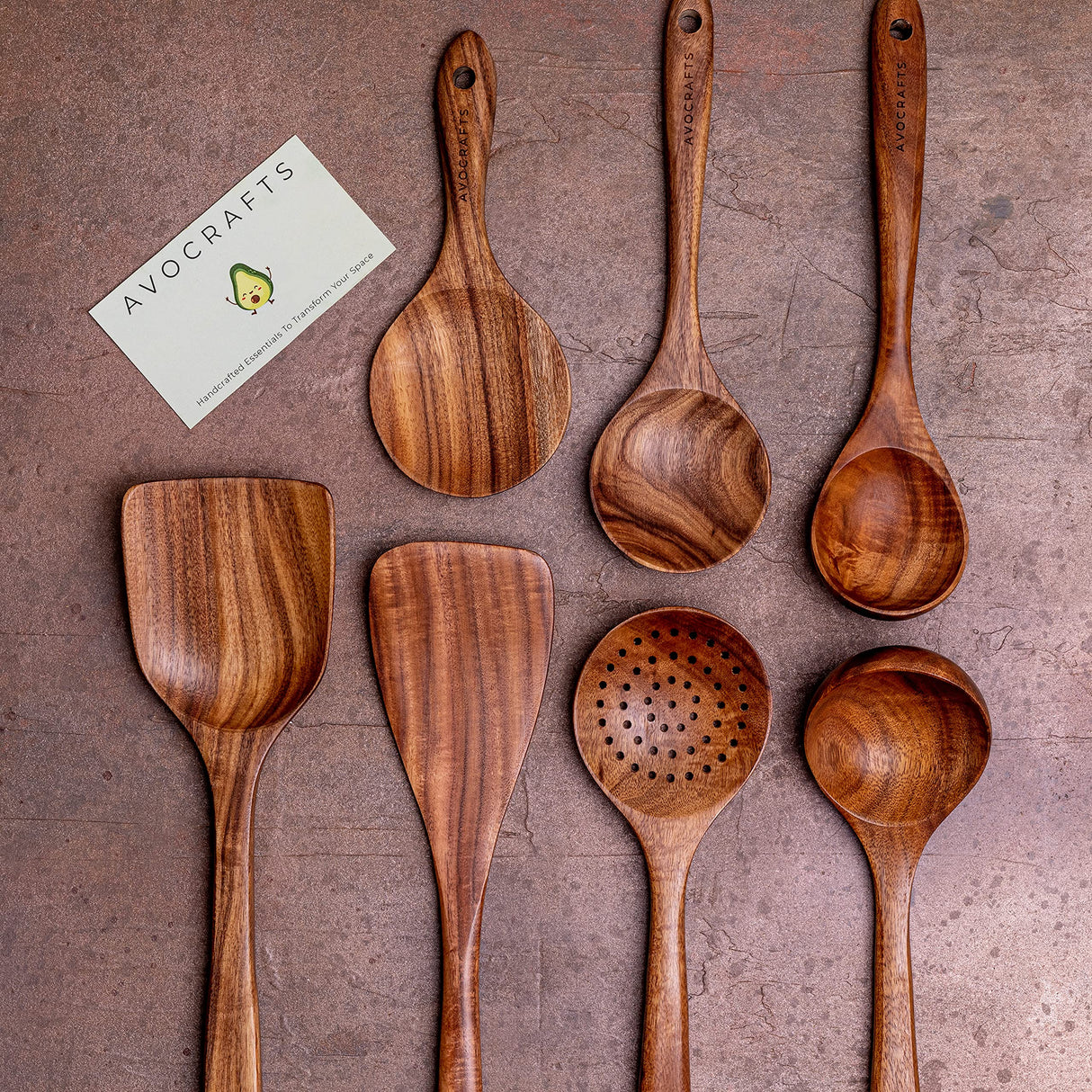 Avocrafts Kitchen Utensil Set for Cooking, Wooden Cooking Spoons and Spatulas, Set of 7 (Add Holder) Avocrafts
