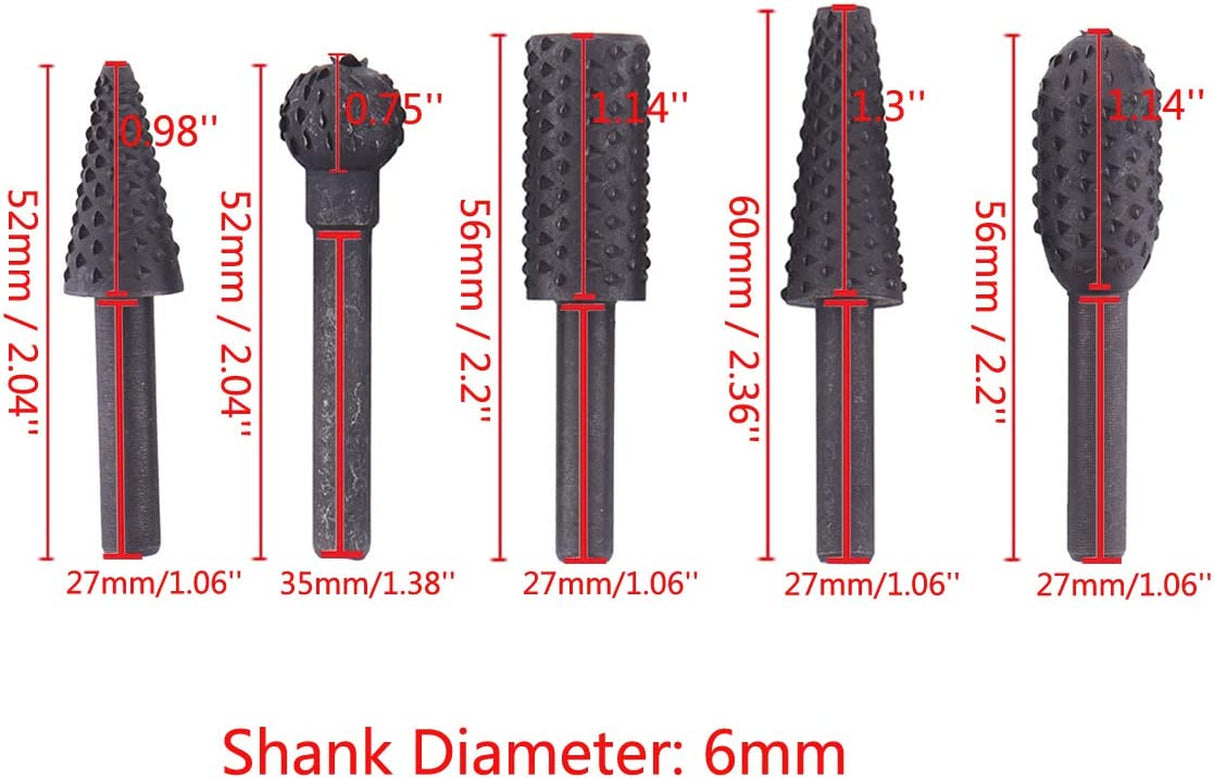 Rotary Drill Bits Set Wood Carving File Rasp Drill Bit of 5Pcs, 1/4" 6Mm Shank Tool Power Tools Woodworking Chisel Shaped Rotating Embossed Grinding WoodArtSupply