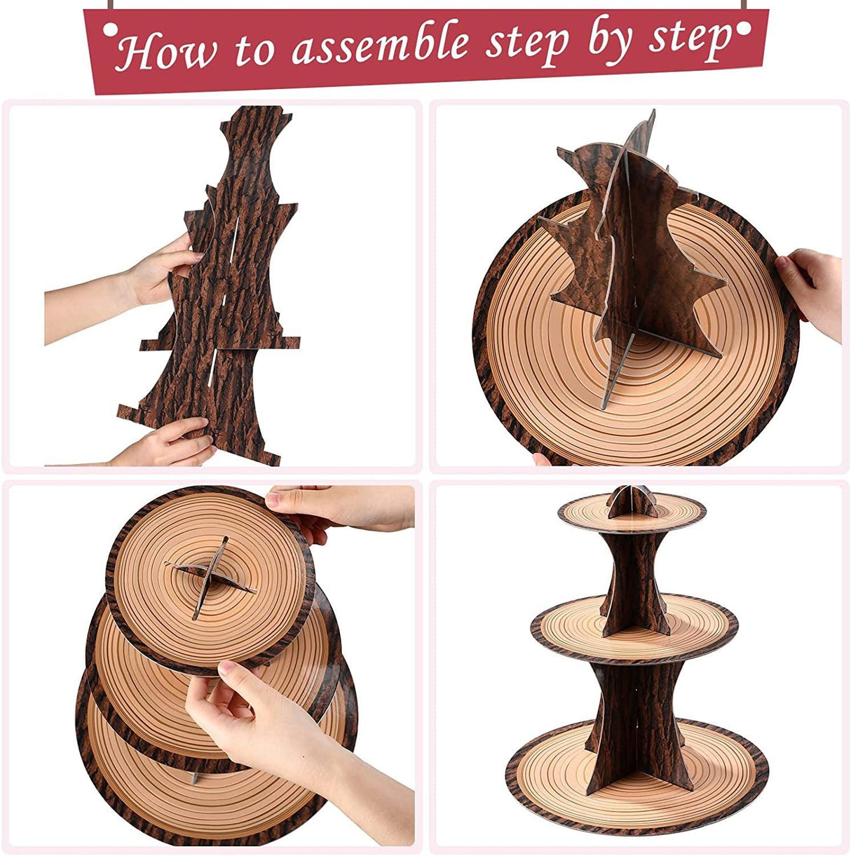 Wood Birthday Party Supplies, 3 Tier Cardboard Wooden Cupcake Stand Tower WoodArtSupply