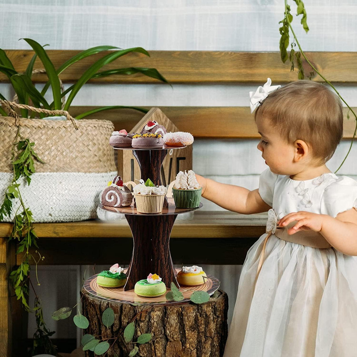 Wood Birthday Party Supplies, 3 Tier Cardboard Wooden Cupcake Stand Tower WoodArtSupply