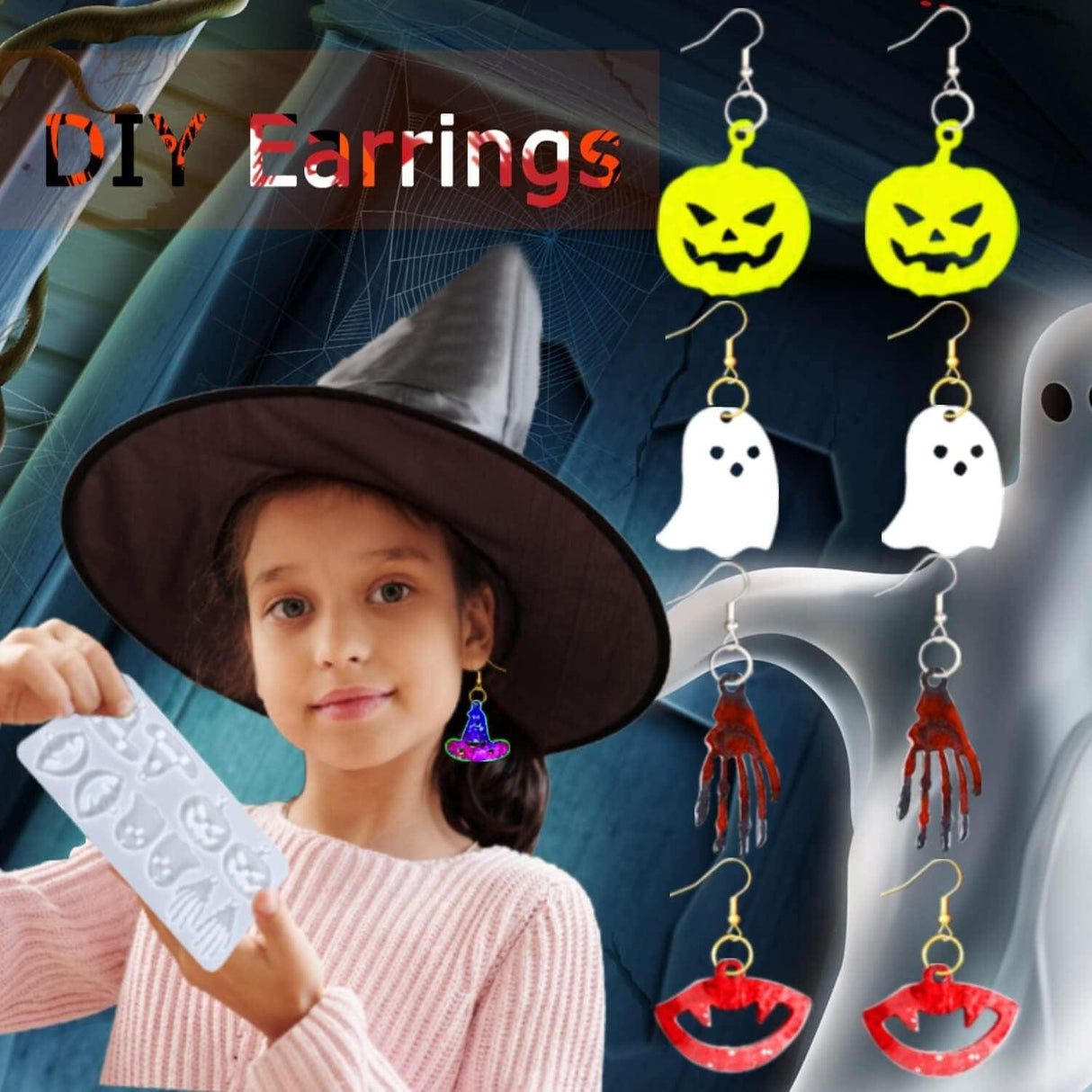 82 PCS Halloween Earring Resin Molds with Hole, 10 Pairs Halloween Silicone Molds with 40 Earring Hooks Skull Pumpkin Bat Spider Earring Epoxy Resin WoodArtSupply