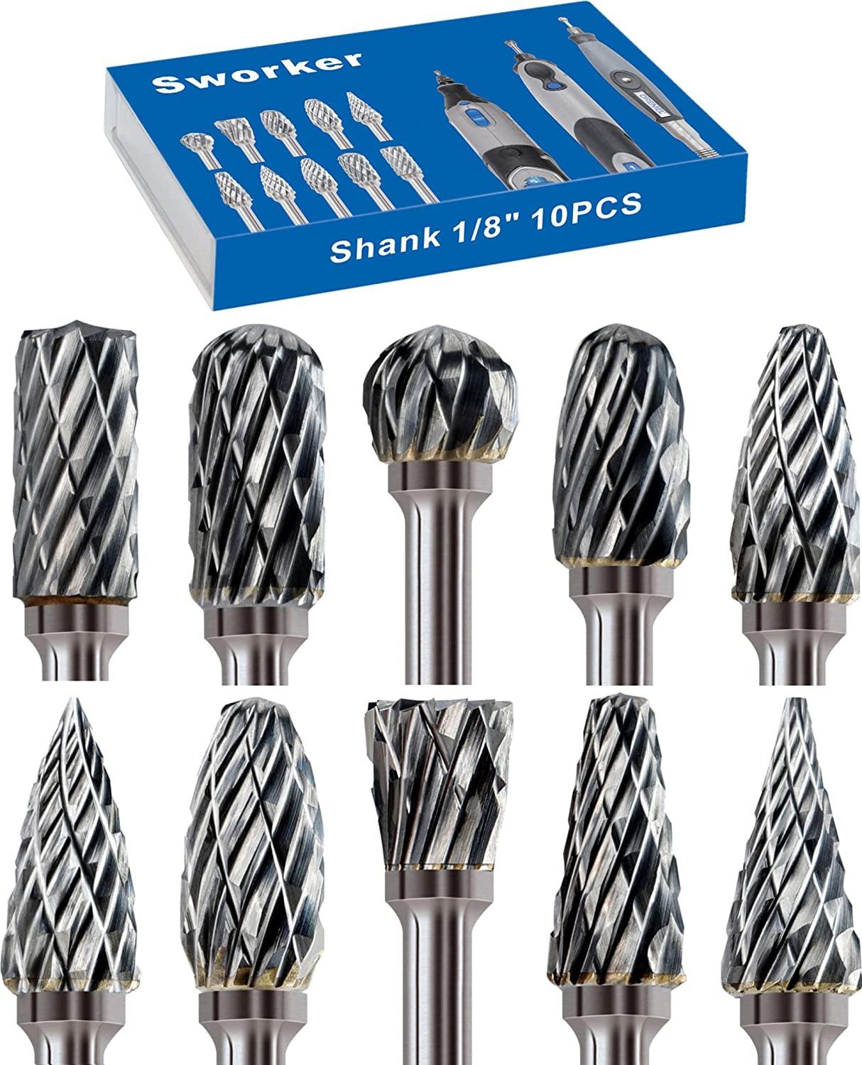 Carbide Burr Set Compatible with Dremel 1/8" Shank 10PCS Die Grinder Rotary Tool Rasp Bits WoodArtSupply