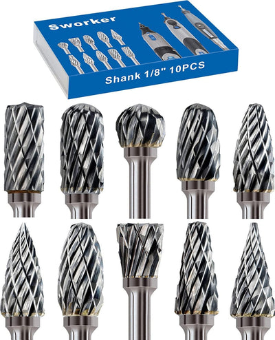 Carbide Burr Set Compatible with Dremel 1/8" Shank 10PCS Die Grinder Rotary Tool Rasp Bits