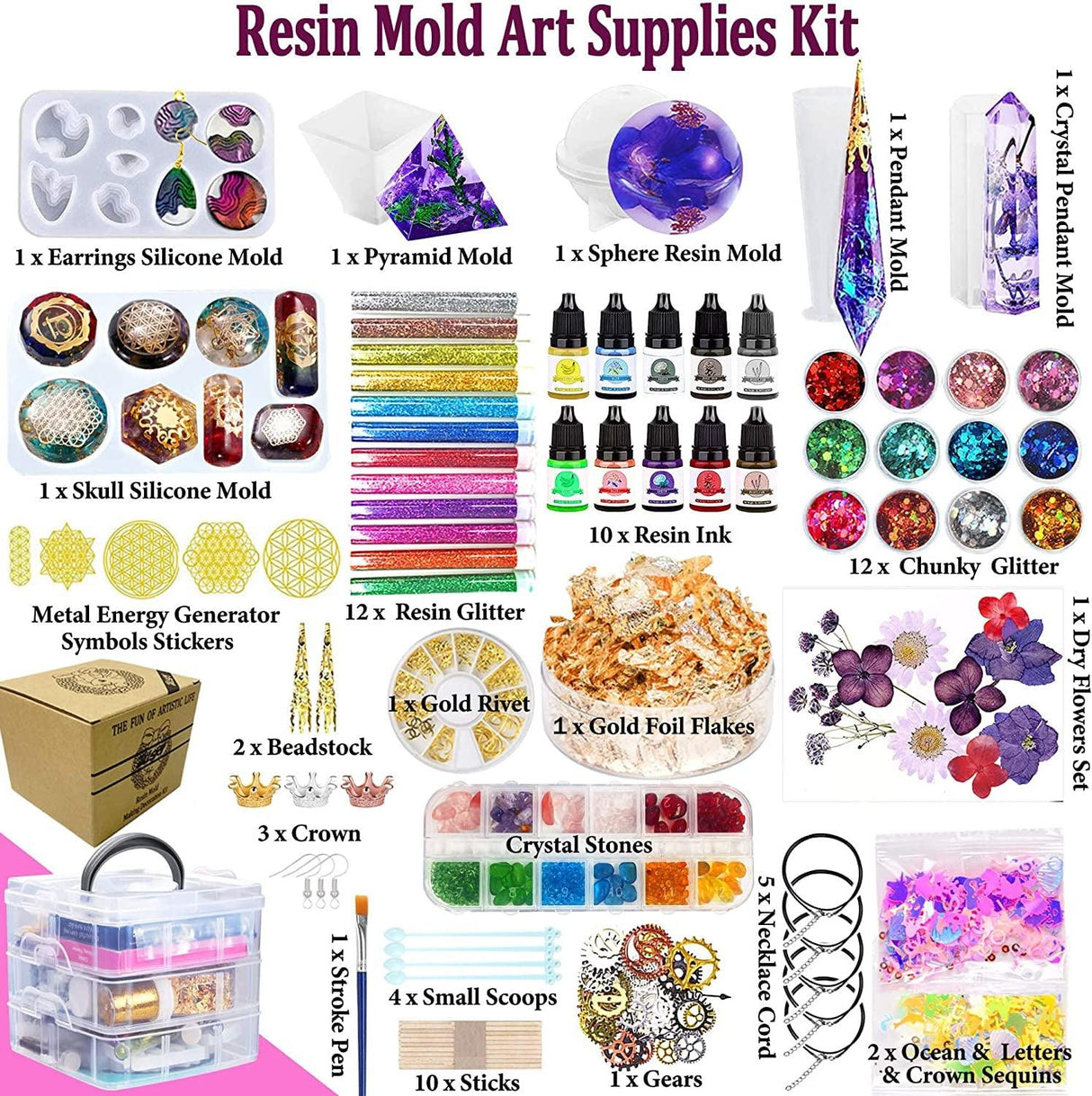 Resin Mold Kit for Beginners - 125PCS Contains Resin Orgone Chakra Pyramid Mold, Earring Necklace Mold WoodArtSupply