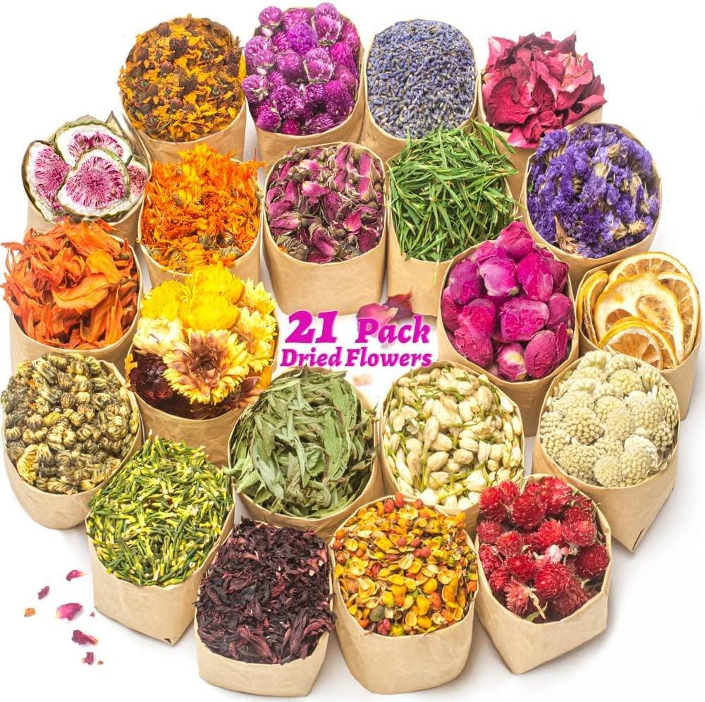 SACATR 16 Bags Dried Flowers,100% Natural Dried Flowers Herbs Kit for Soap Making, DIY Candle Making,Bath - Include Rose Petals,Lavender,Don't Forget