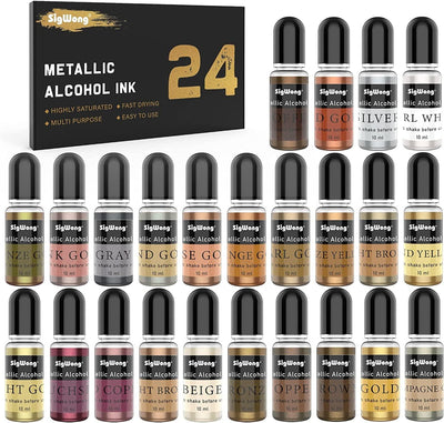 Metallic Alcohol Ink Set - 24 Metal Color Alcohol-Based Ink, Shimmer Mixatives Epoxy Resin Paint Colour Dye Great for Resin Petri Dish, Yupo,