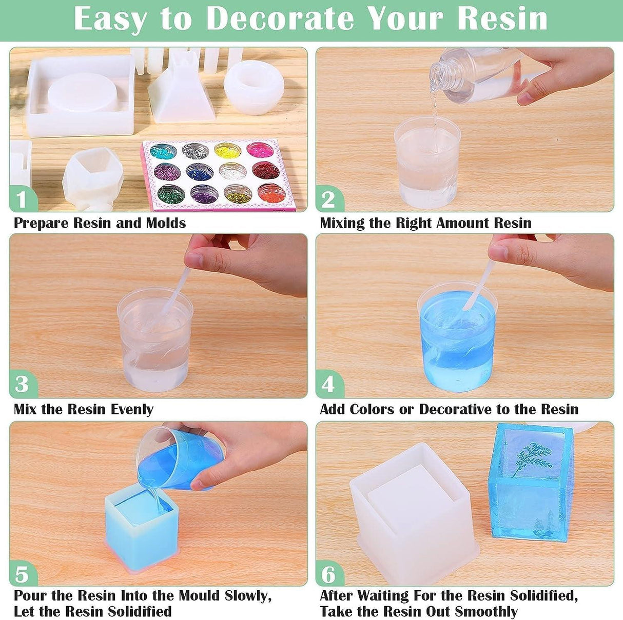 Silicone Resin Molds Kit 26PCS, Epoxy Molds, Large Casting with 12 Glitter Sequins for UV Casting, Including Sphere, Cube, Pyramid, Square, Coaster, WoodArtSupply