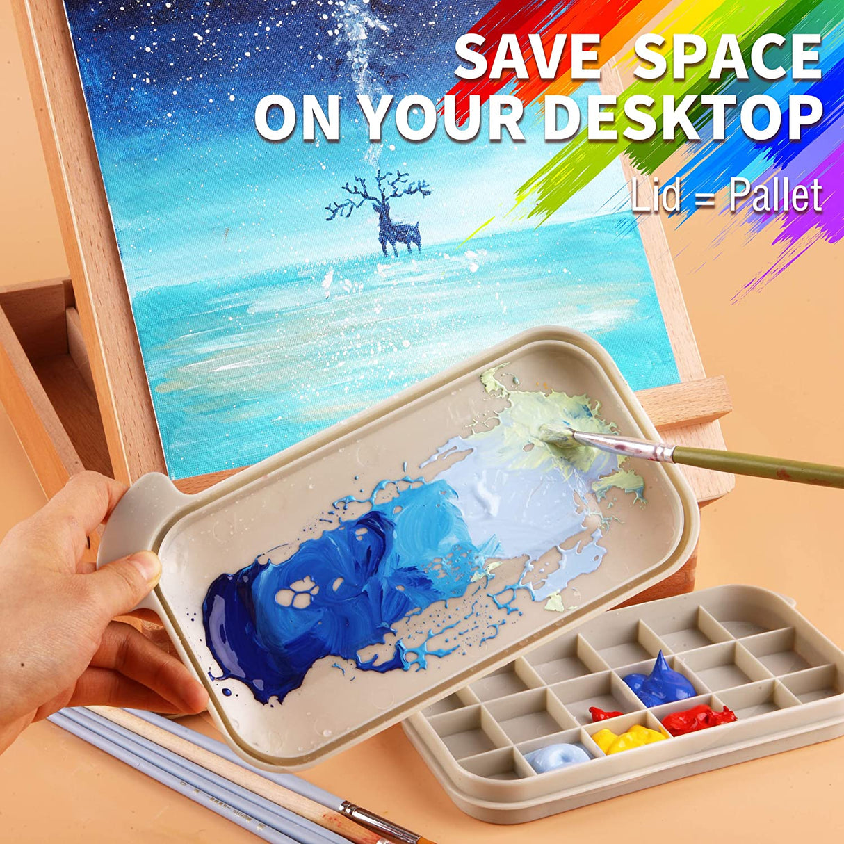 Multi-Use Paint Brush Basin with Brushes Holder,Washer,Trays,Palette Box-Artist Cleaner Cup for Watercolor Oil Acrylic Gouache Painting with Lid WoodArtSupply