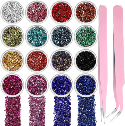 16 Colors Crushed Glass Irregular Metallic Mini Chips 0.5-2.5 Mm Sprinkles Chunky Glitter with 2 Pieces Tweezers for Nail Arts Craft DIY Resin Mold