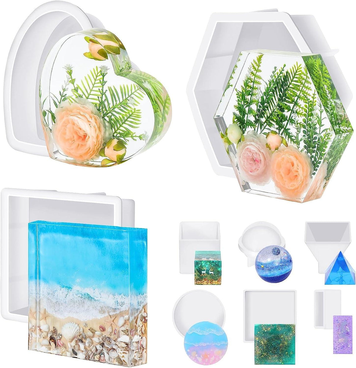 3 PCS Large Resin Molds Silicone, Silicone Molds for Resin Including Large Hexagonal and Square Heart Resin Mold, Epoxy Resin Molds for Flower WoodArtSupply