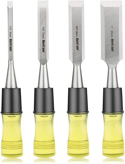 Hurricane 4 Piece Wood Chisel Set for Woodworking, CR-V Steel Beveled Edge Blade, Durable PVC High Impact Handle Wood Chisel