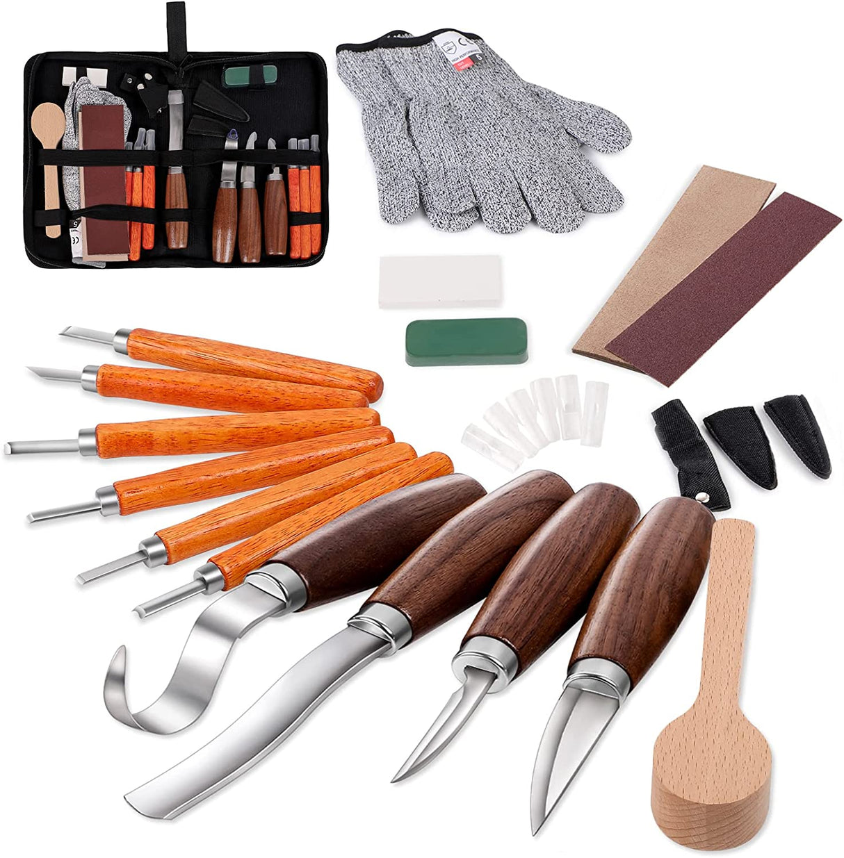 Wood Carving Tools Set,Detail and Hook Carving Knife Kit for Beginners,Trimming Knife for Spoon Bowl Cup Woodwork,Round Handle Design and 6Pcs SK2 WoodArtSupply