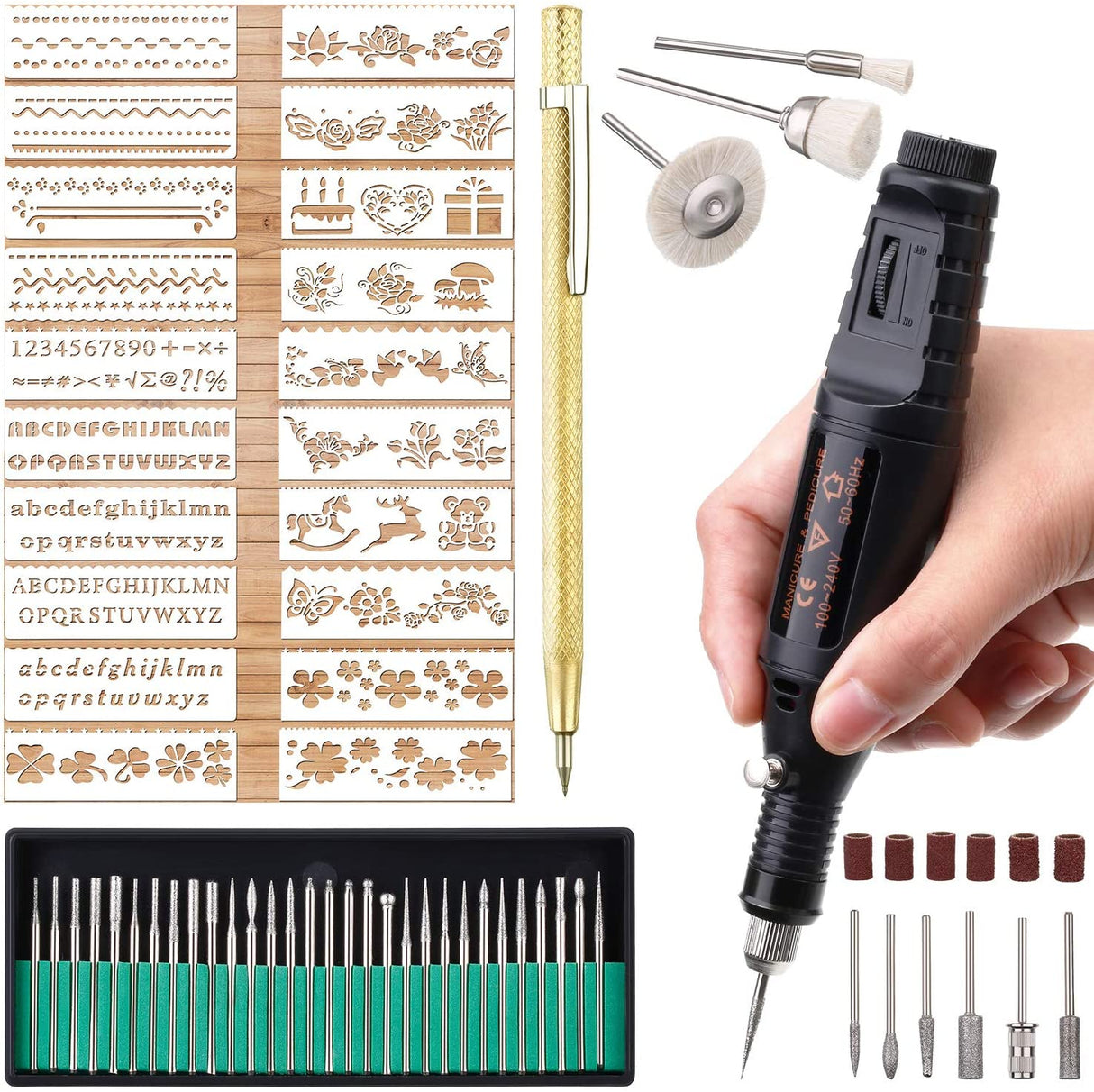 Electric Micro Engraver Pen Mini DIY Engraving Tool Kit for Metal Glass Ceramic Plastic Wood Jewelry 1 Scriber Etcher 30 Bits 6 Polishing Head 3 Wool WoodArtSupply
