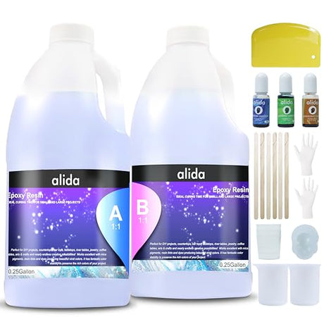 0.5 Gallon Epoxy Resin + Hardener- Crystal Clear Epoxy Resin, Epoxy Resin Kit No Bubbles Odor & Yellowing, Self Leveling 1:1 Mix for DIY Jewelry, alida