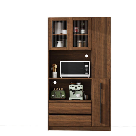 Tall Kitchen Pantry Cabinet With 4 Tier Side Shelf, 2 Drawers, Freestanding Food Hutch With Microwave Stand For Dining Room - Walnut HouseOfZazla