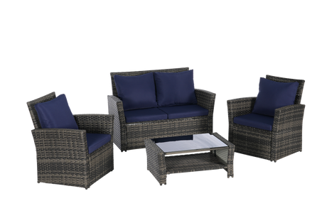 4 Pieces Outdoor Patio Furniture Set with Rattan Chairs and Tempered Glass Table HouseOfZazla