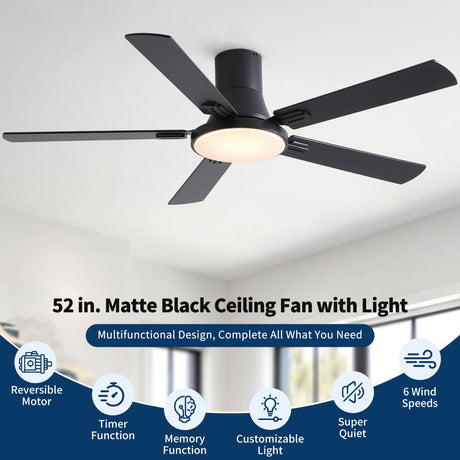 Flush Mount Ceiling Fans With LED Light And Remote Control, 5 Blades HouseOfZazla