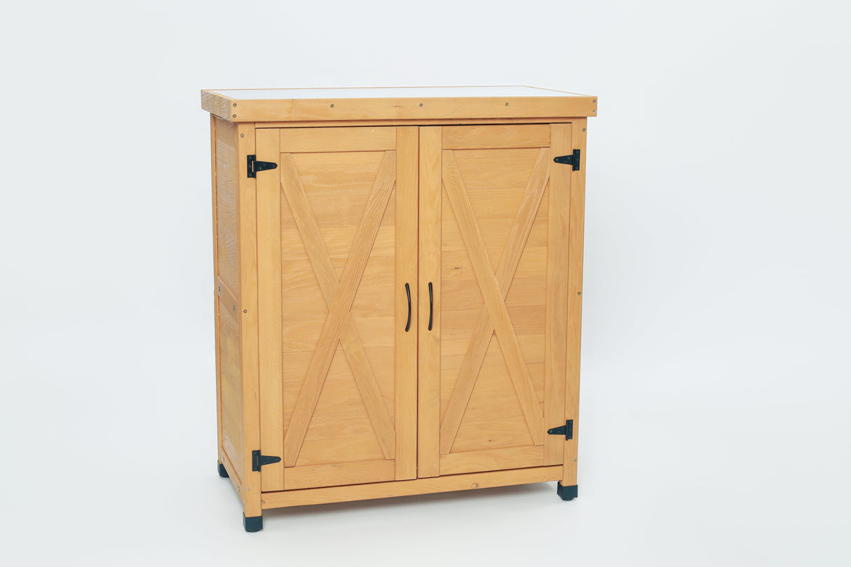 Potting Bench with Storage Cabinet and Metal Table Top for Outdoor Patio