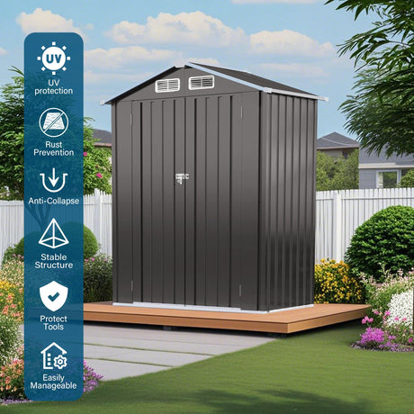 5 X 3 Ft Compact Metal Outdoor Storage Shed With Pitched Roof, Lockable Door - Gray HouseOfZazla